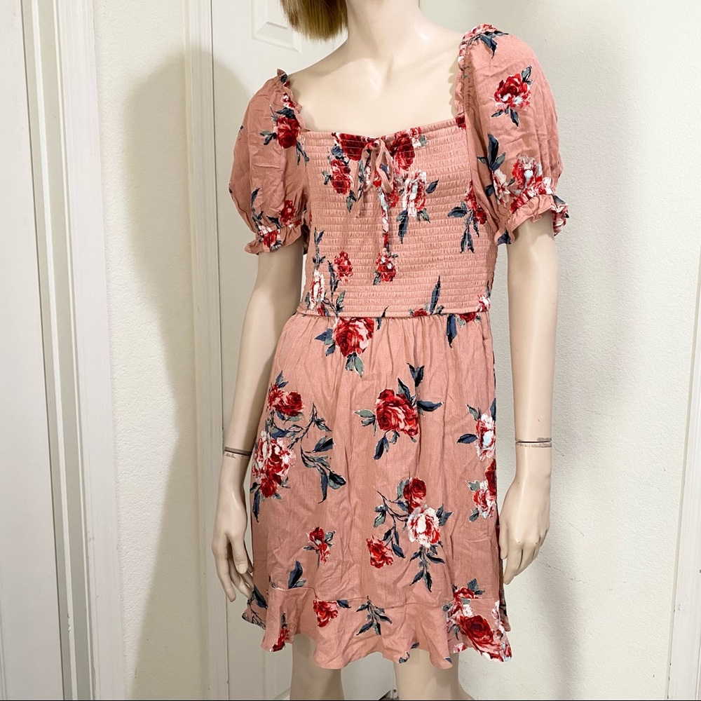 BOG Collective Floral Shirred Square Neck Puff Sleeve Mini Dress M